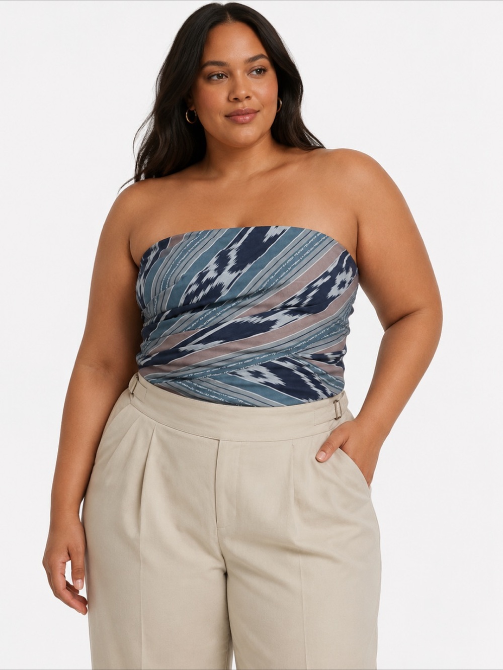 NEW Lauren Ralph Lauren Navy Multi Ikat Print Strapless Pleated Wrap Tube Top 14
